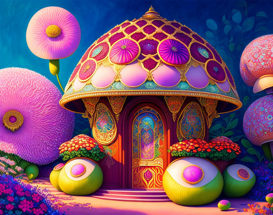 Colorful whimsical house with mushroom roof and oversized flowers