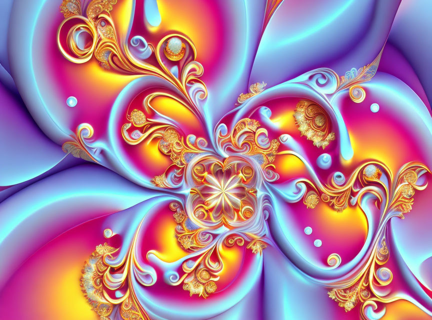 Colorful fractal image with swirling patterns in purple, blue, and pink.