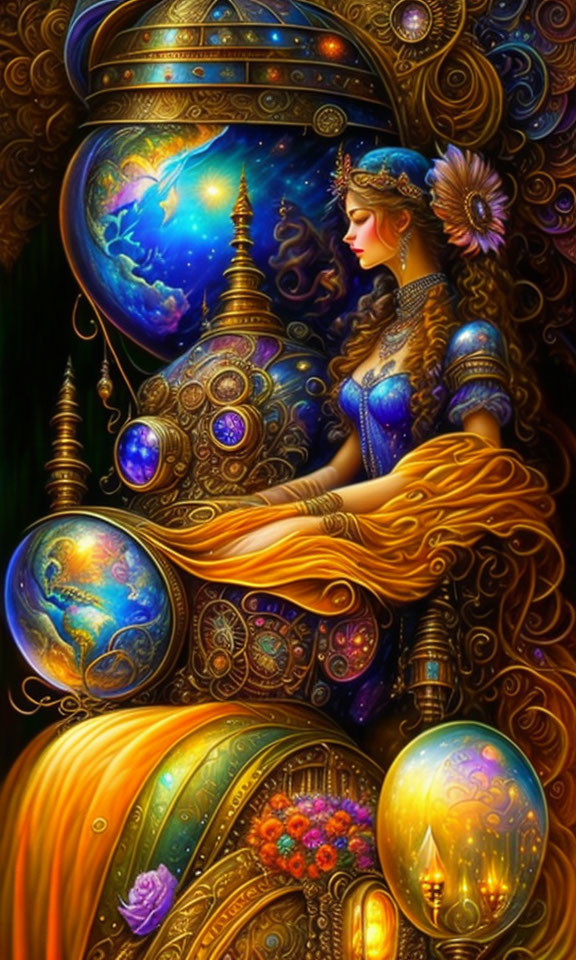 Colorful Woman Surrounded by Cosmic Orbs and Golden Patterns