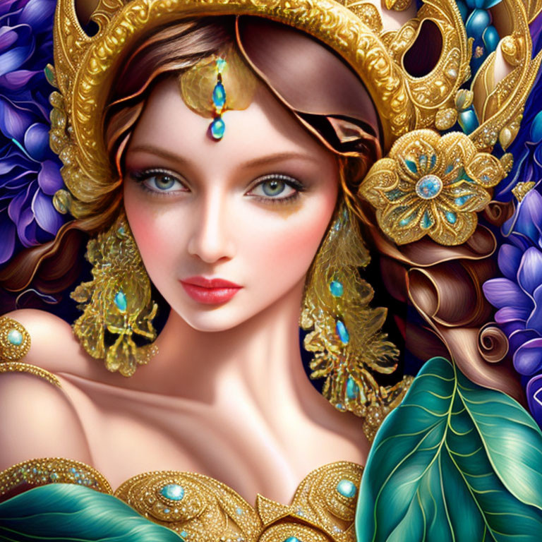 Woman with golden headpiece and blue floral adornments on vibrant blue and green backdrop