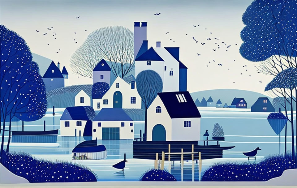 Illustration of quaint village with blue and white houses, trees, river, birds, and hills.