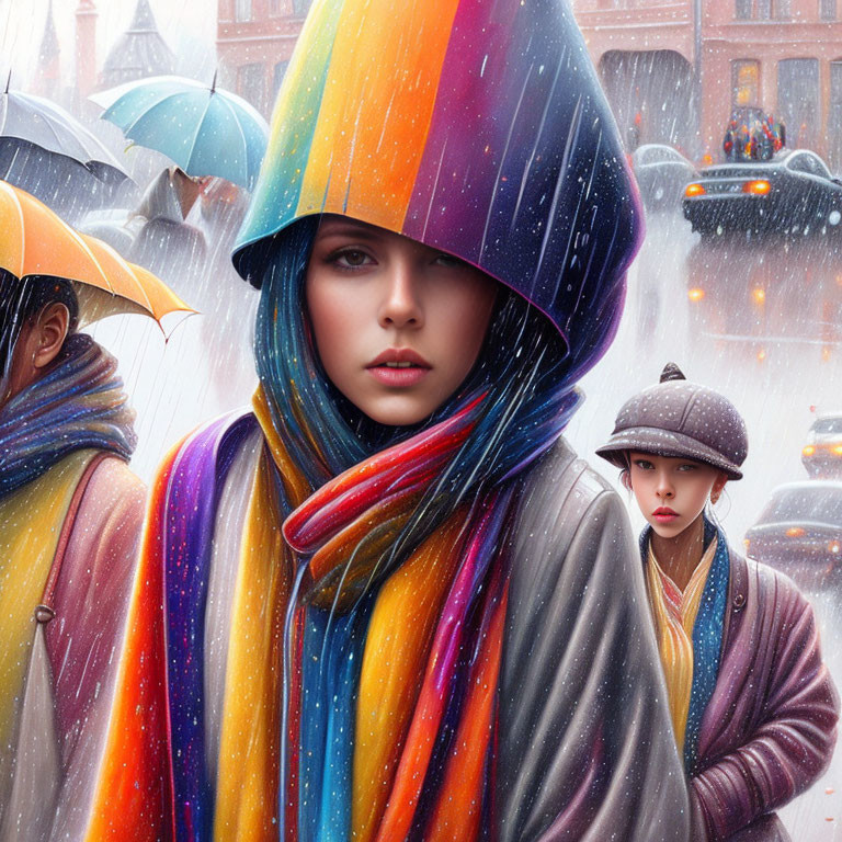 Woman with blue eyes in colorful coat stands in snowy scene with umbrella-carrying individuals