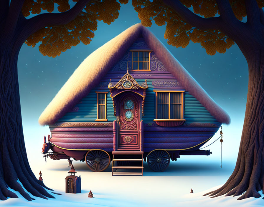 Illustration of Blue Caravan House in Snowy Twilight Landscape