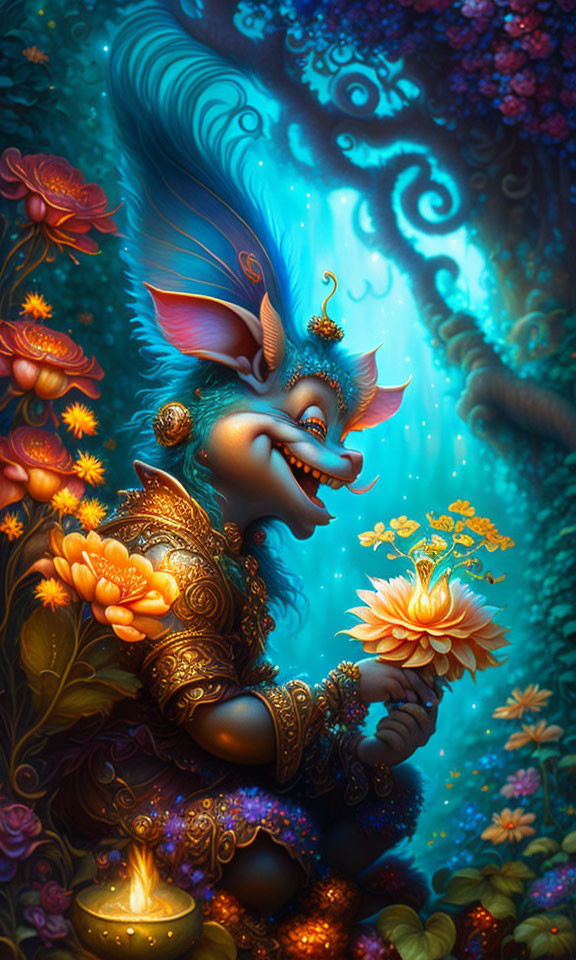 Detailed mythical creature illustration: blue fur, golden armor, orange flower, mystical forest backdrop