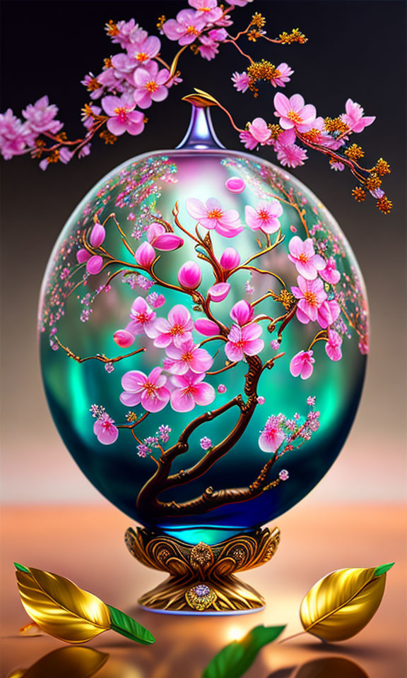 Digital artwork of glossy spherical vase with cherry blossoms on ornate base against dusky background