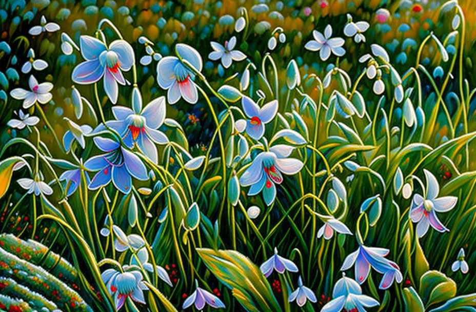 Vibrant painting of blue flowers with red centers in garden setting