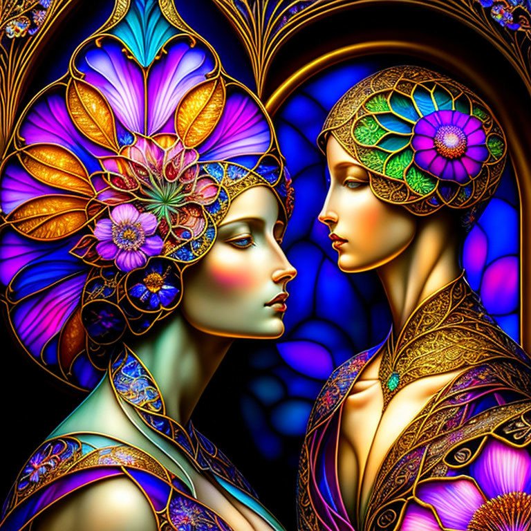 Stylized female figures with intricate headdresses in vibrant stained glass art.