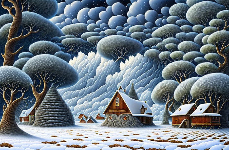 Whimsical winter landscape with round trees and buildings under night sky