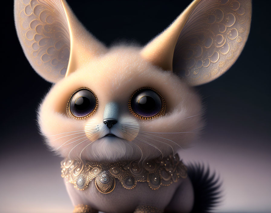 Fluffy digital creature with large ears and eyes and golden jewelry