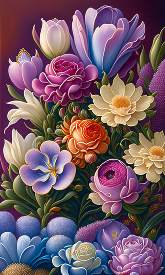 Colorful Illustrated Flower Bouquet on Dark Background