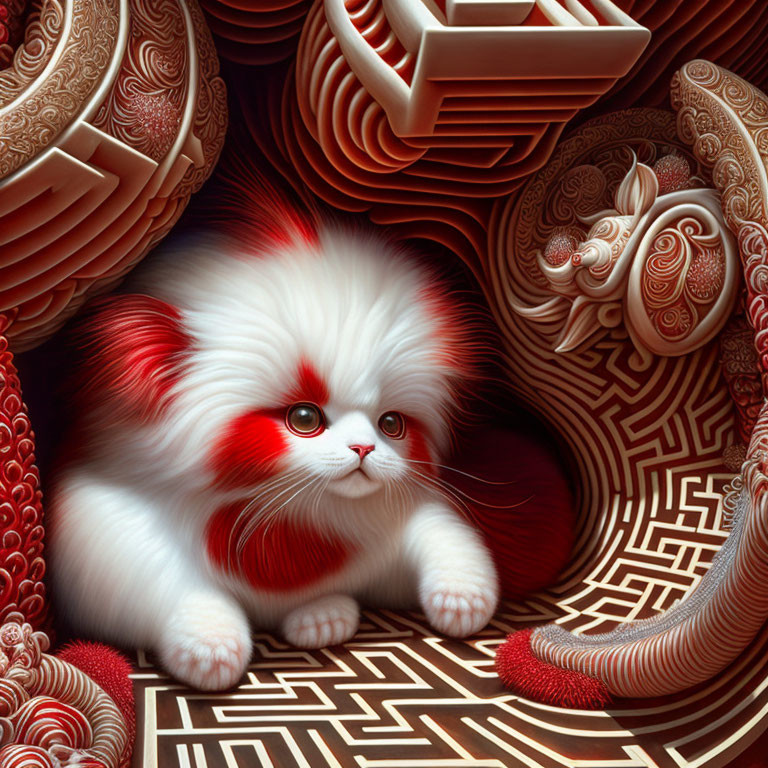 Fluffy White and Red Kitten in Swirling Warm Patterns