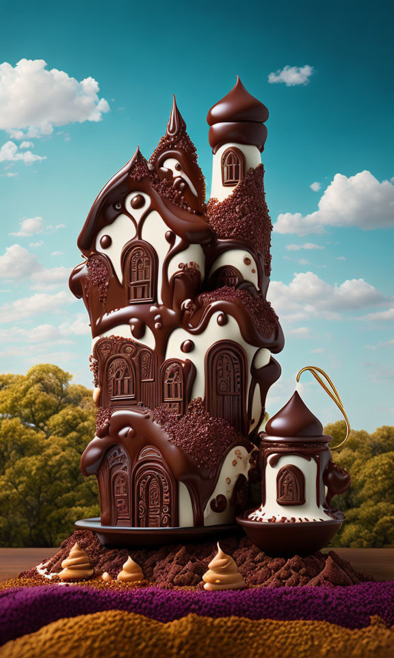 Chocolate Teapot Castle Against Trees and Blue Sky