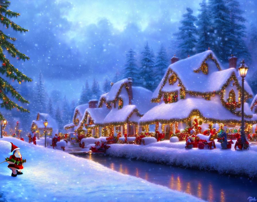 Snow-covered winter village with Christmas decorations and elf figure
