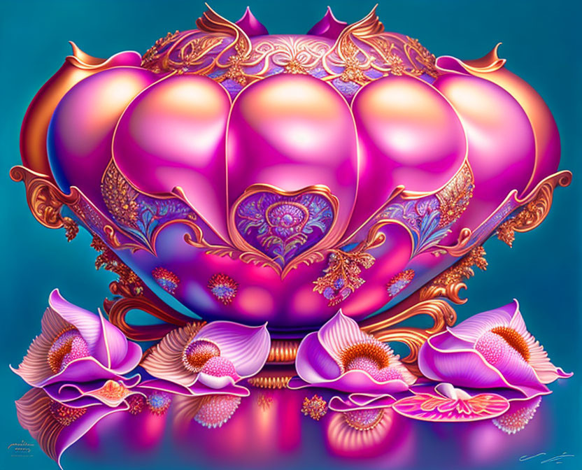 Colorful Digital Artwork: Stylized Heart with Pink Orchids on Blue Background