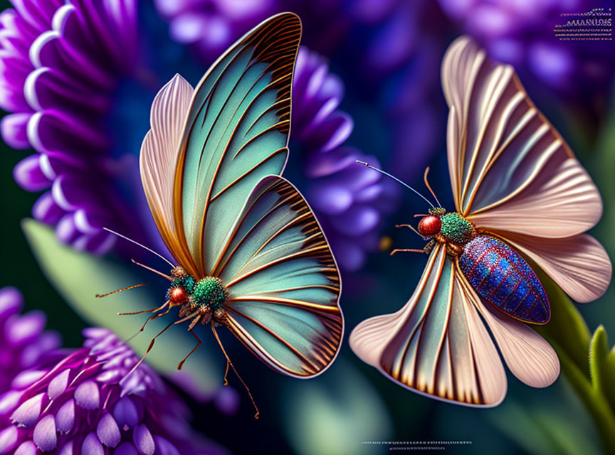 Vibrant butterflies on purple flowers with soft-focus backdrop