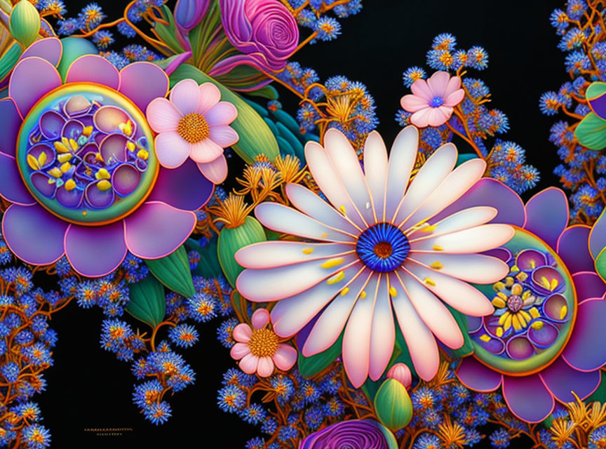 Colorful digital art: stylized flowers, intricate patterns, large daisy bloom