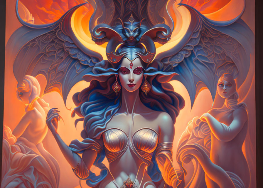 Fantastical illustration of horned woman with fiery wings and ethereal figures in warm-colored setting