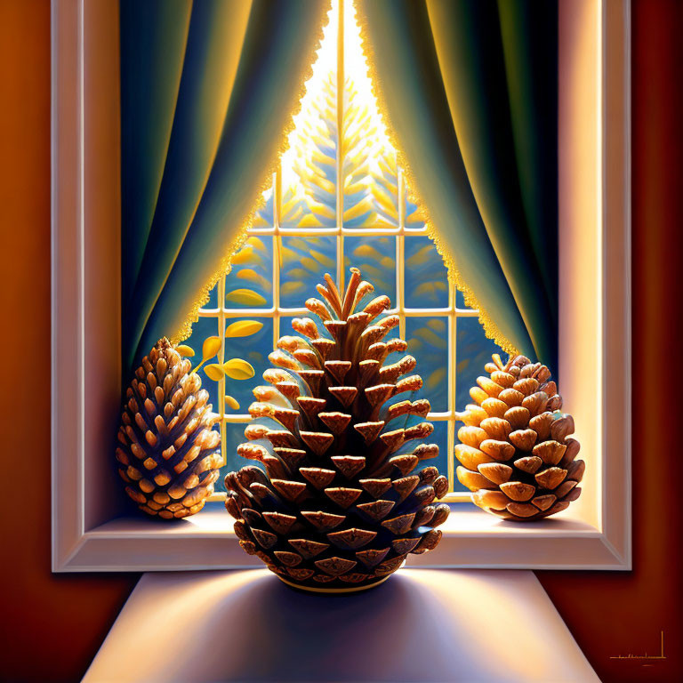 Sunlit pine cones casting shadows on windowsill