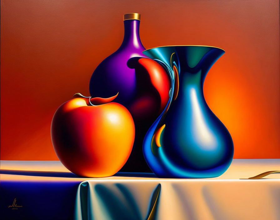 Vibrant red apple and glossy vases on reflective surface