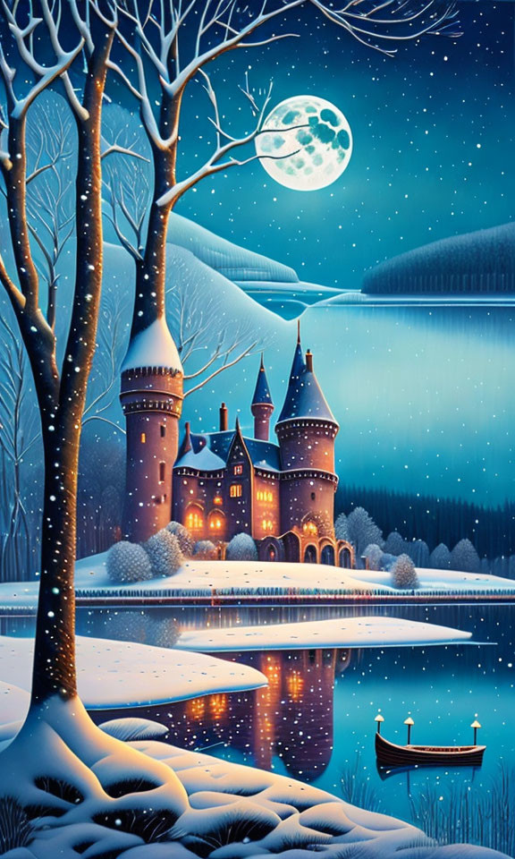 Snow-covered castle by lake in moonlit winter scene