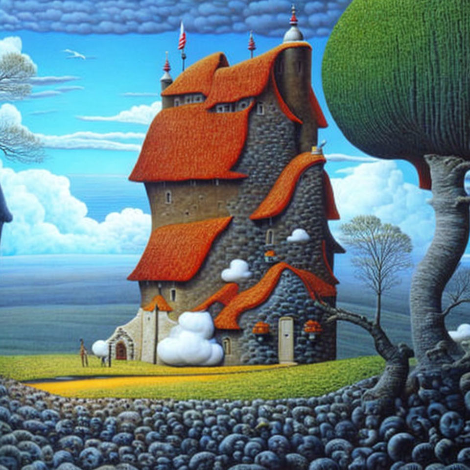 Exaggerated stone house in whimsical painting with multiple roofs nestled in scenic landscape.