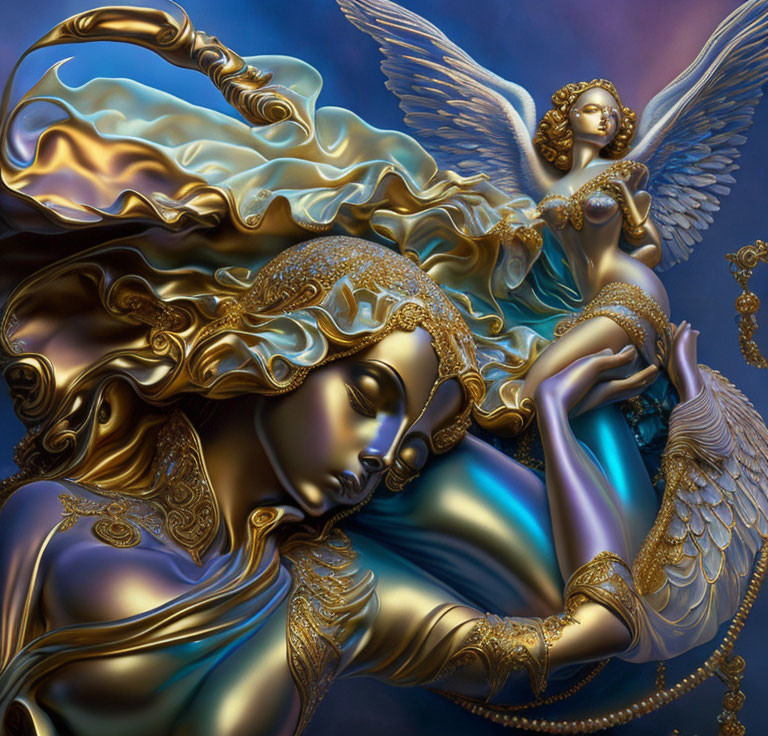 Golden-winged angel in intricate armor on moody blue backdrop