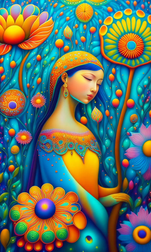 Woman in ornate attire with closed eyes in vibrant illustration.