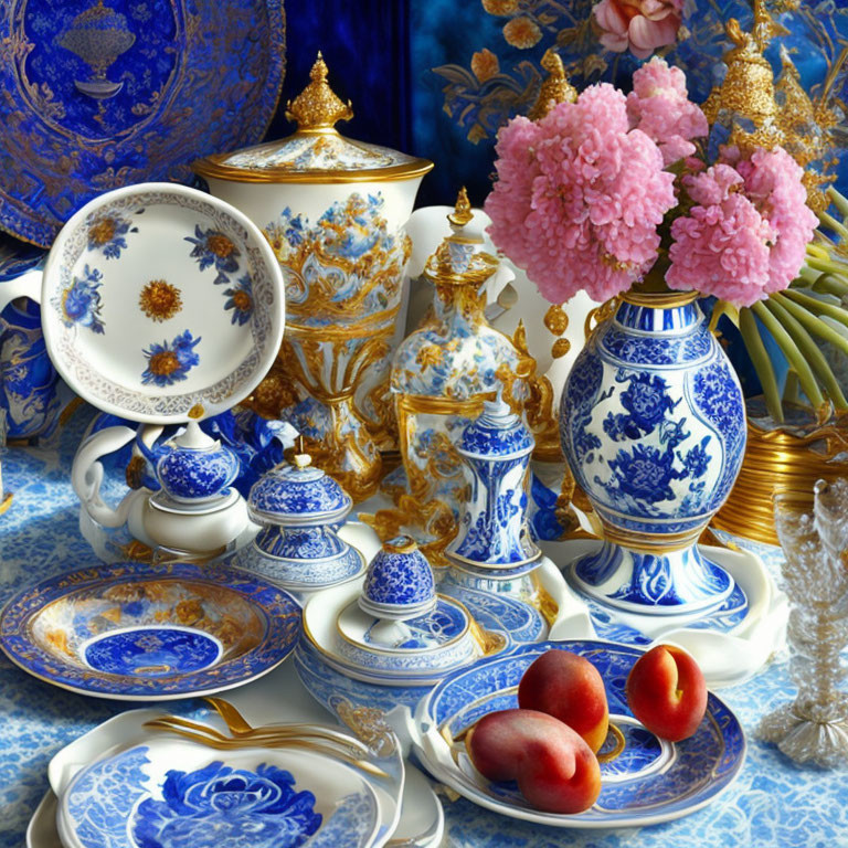 Blue Floral Porcelain Tableware with Pink Flowers and Peaches