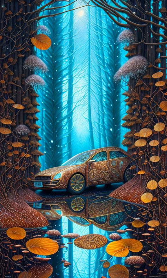 Patterned car parked in whimsical forest with oversized mushrooms and glowing trees in blue light