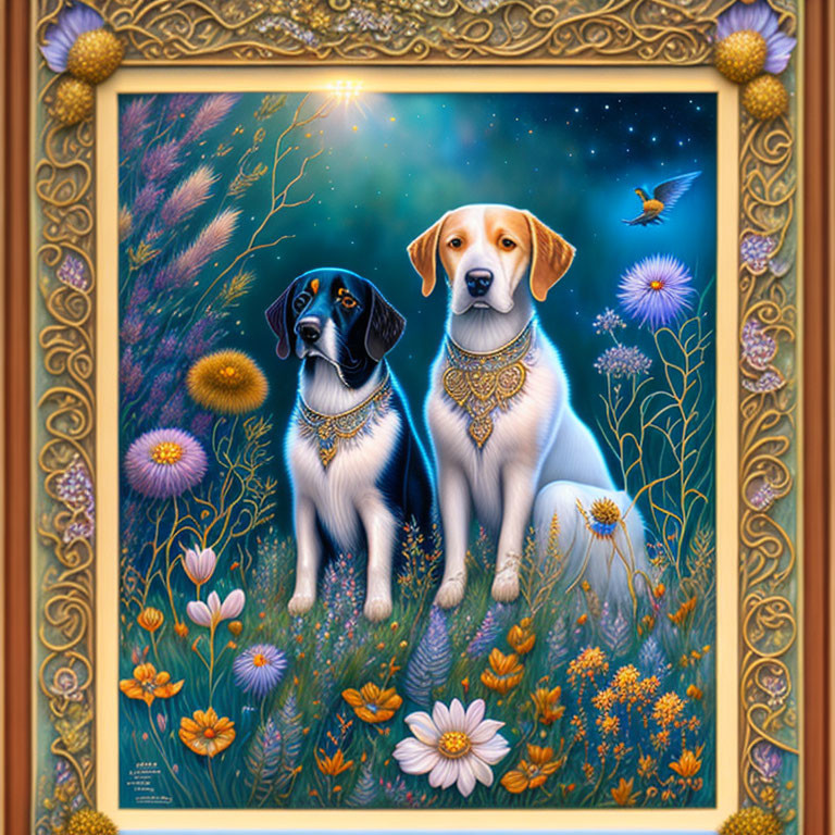 Digital painting: Two dogs in ornate collars in starry, flower landscape.