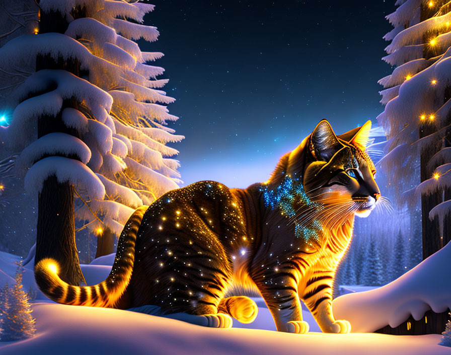 Starry Night Patterned Cat in Snowy Forest at Night