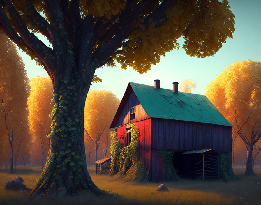 Red barn with blue roof near autumn trees under warm light