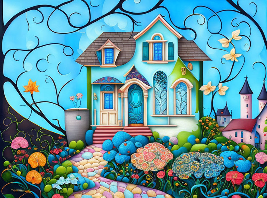 Colorful Illustration of Stylized House, Garden, and Castle