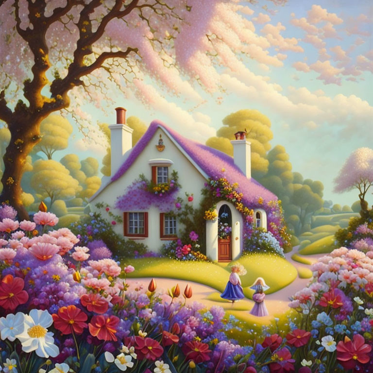Thatched roof cottage in lush garden with figures in purple dresses