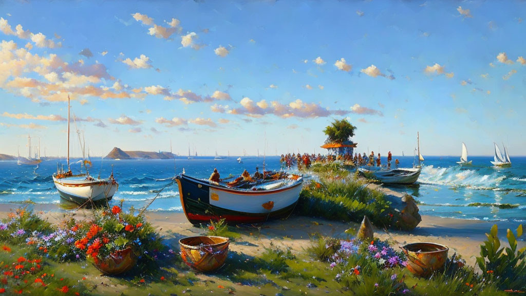 Tranquil coastal landscape with boats, flowers, people, and sailboats by the pier