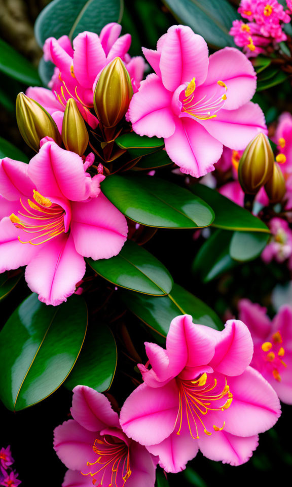 Bright Pink Flowers with Yellow Stamens and Green Leaves Ready to Bloom
