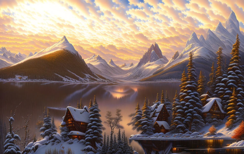 Snow-covered cabins, tranquil lake, pine trees: picturesque winter landscape at dusk.