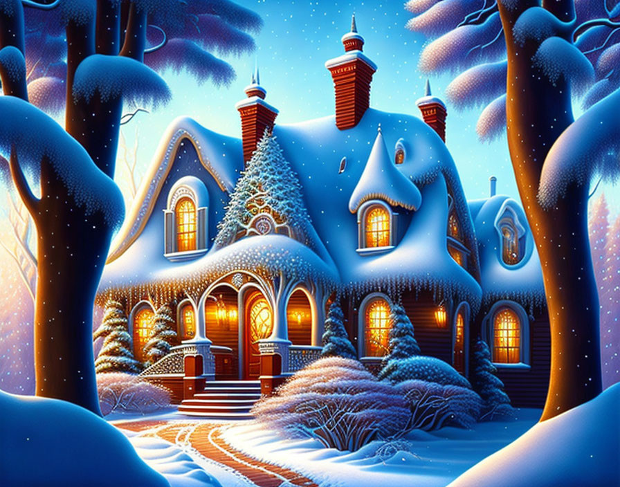 Snow-covered cottage in serene wintry forest scene at night