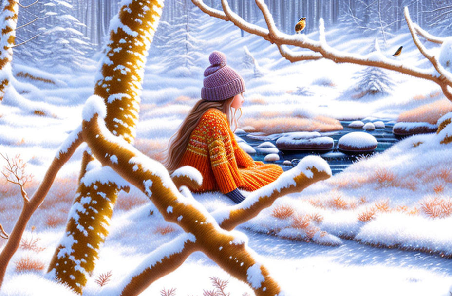 Person in Knit Cap and Orange Sweater Sitting by Snowy Riverbank