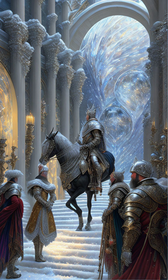 Knight on black horse in icy hall with armored figures and magical vortexes