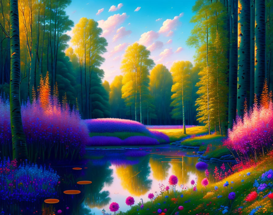 Serene forest illustration with tall trees, colorful flowers, and calm pond