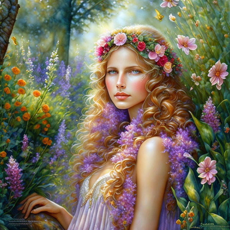 Woman with wavy hair and floral crown surrounded by vibrant flowers in soft light