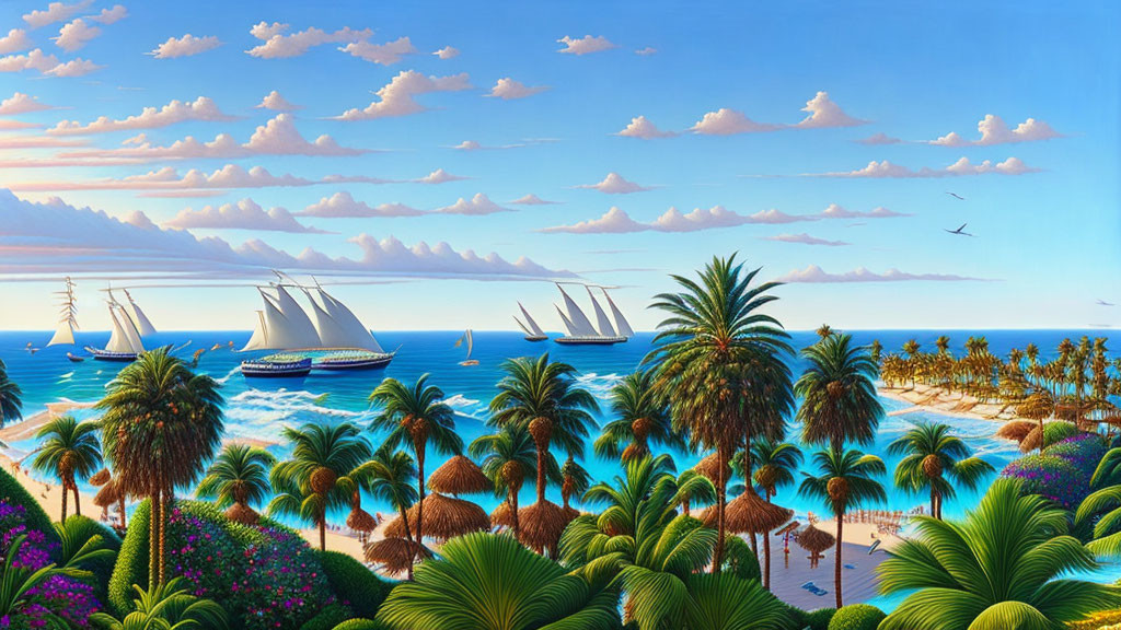 Tropical beach with palm trees, sailing ships, and blue sky