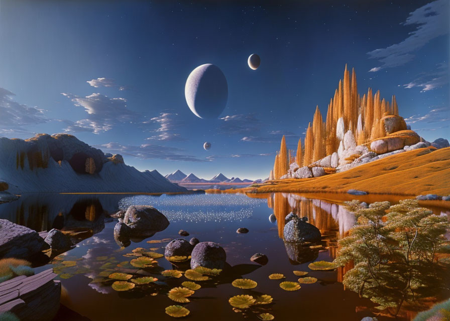 Tranquil landscape with lake, rocks, lily pads, and multiple moons