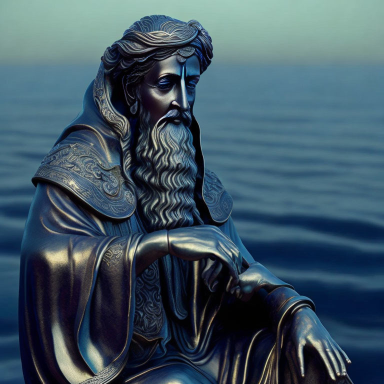 Metallic sculpture of bearded ancient figure against blue sea