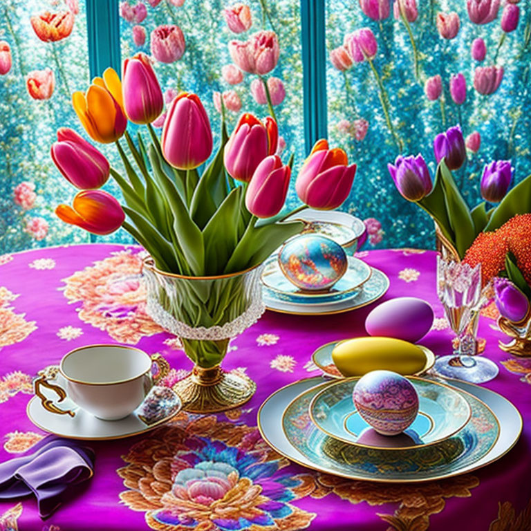 Colorful Tulip Field Table Setting with Eggs and Teacup