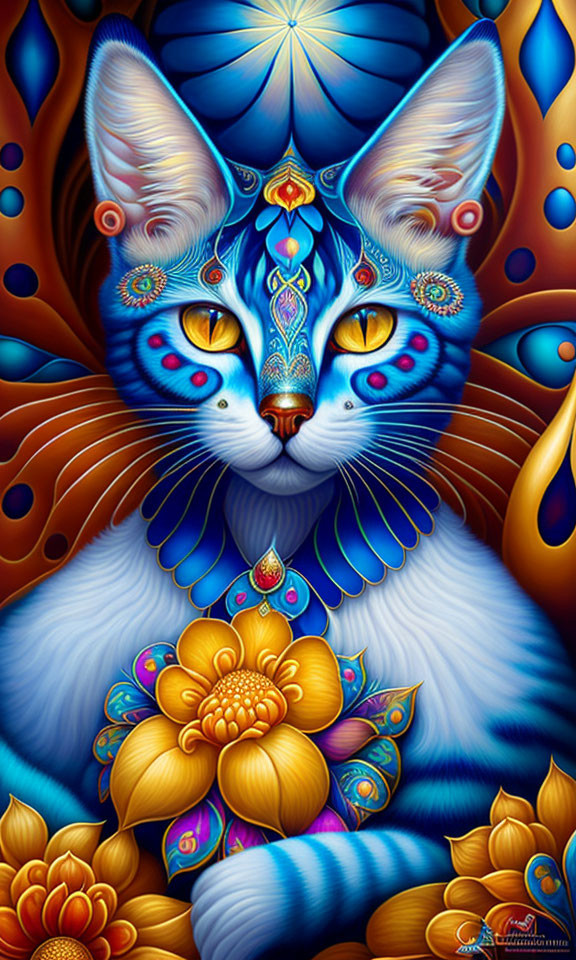 Vibrant digital artwork: fantastical cat with intricate patterns, bright blue fur, and mystical aura