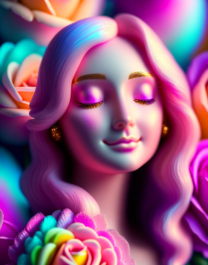 Colorful digital artwork: serene woman's face with flowing hair, vibrant flowers