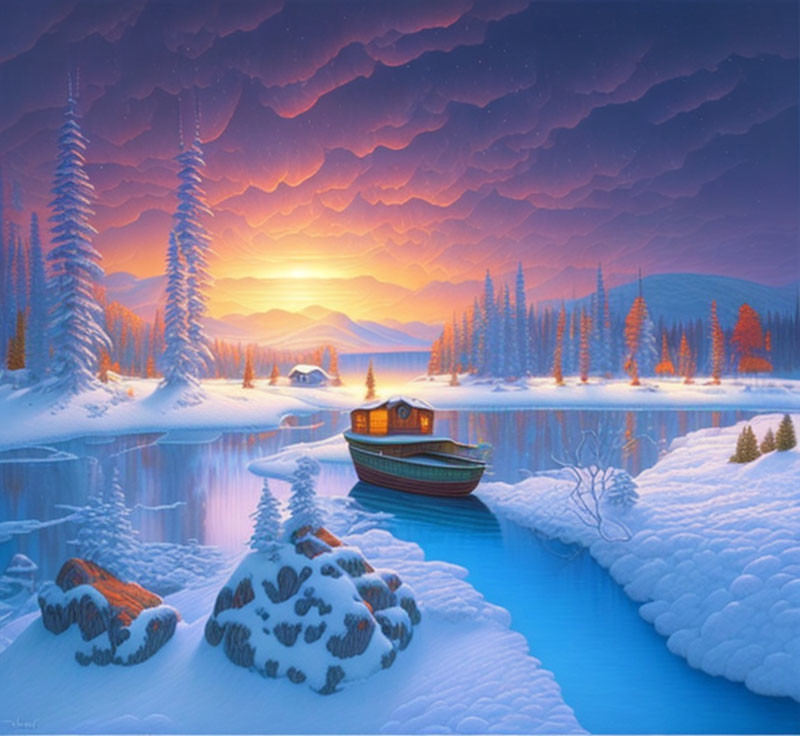 Snow-covered winter landscape: boat on river, pine trees, vibrant sunset sky