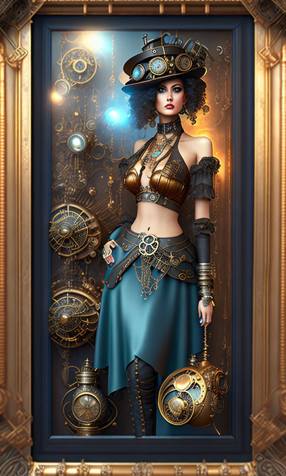 Steampunk-themed woman digital illustration in ornate golden frame